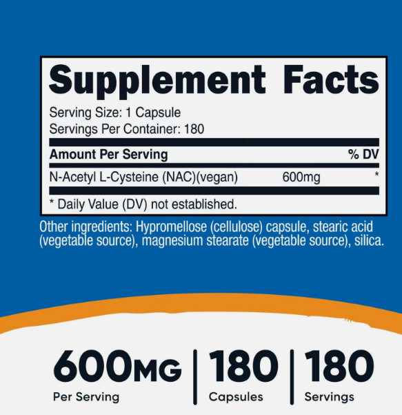 Nutricost N-Acetyl L-Cysteine (NAC) 600mg, 180 Capsules – Non-GMO & Gluten Free