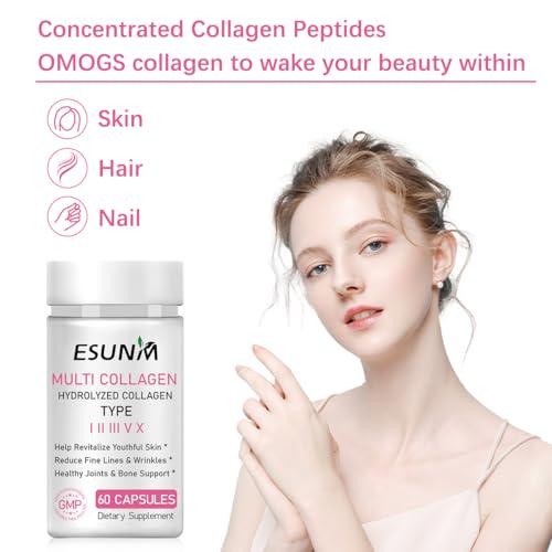 ESUNM Multi Collagen Capsules for Women and Men – Type I, II, III, V, X – with C