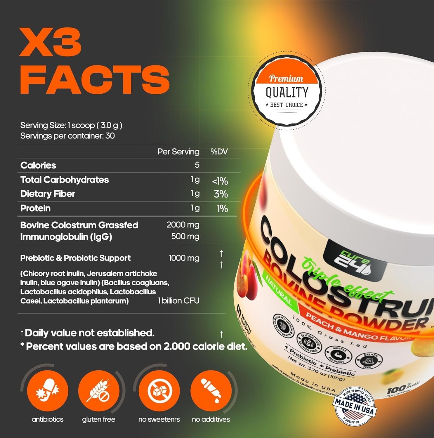 Bovine X3 Colostrum Supplement Powder for Humans, 100% Pure Whole Natural Grass