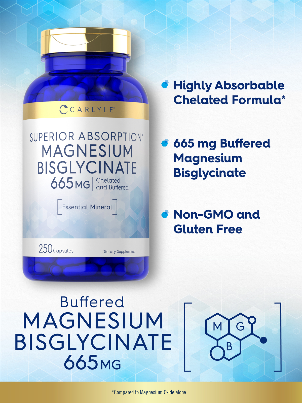 Magnesium Bisglycinate 665mg | 250 Capsules | Buffered Supplement | by Carlyle