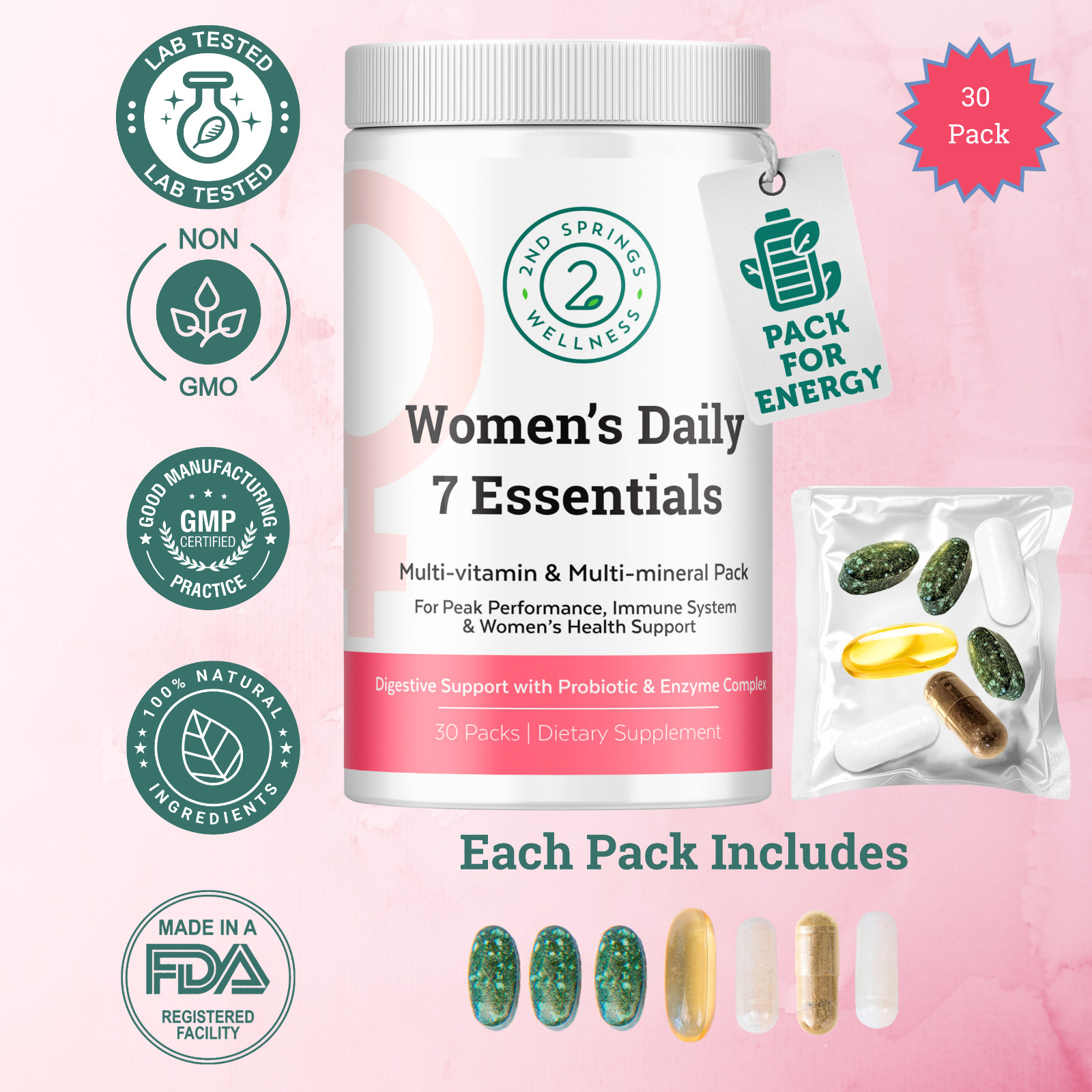 Daily 7 Essentials Women’s Vitamin Pack -30 Pack Women’s Multivitamin Complex