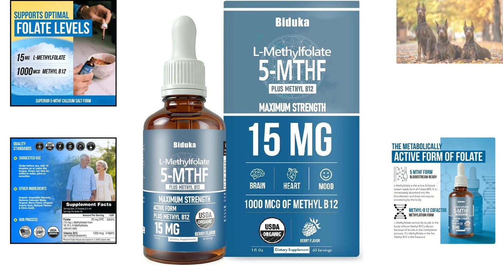 60 Servings Organic L-Methylfolate 15mg + B12 1000mcg Liquid Drops – Gluten Free