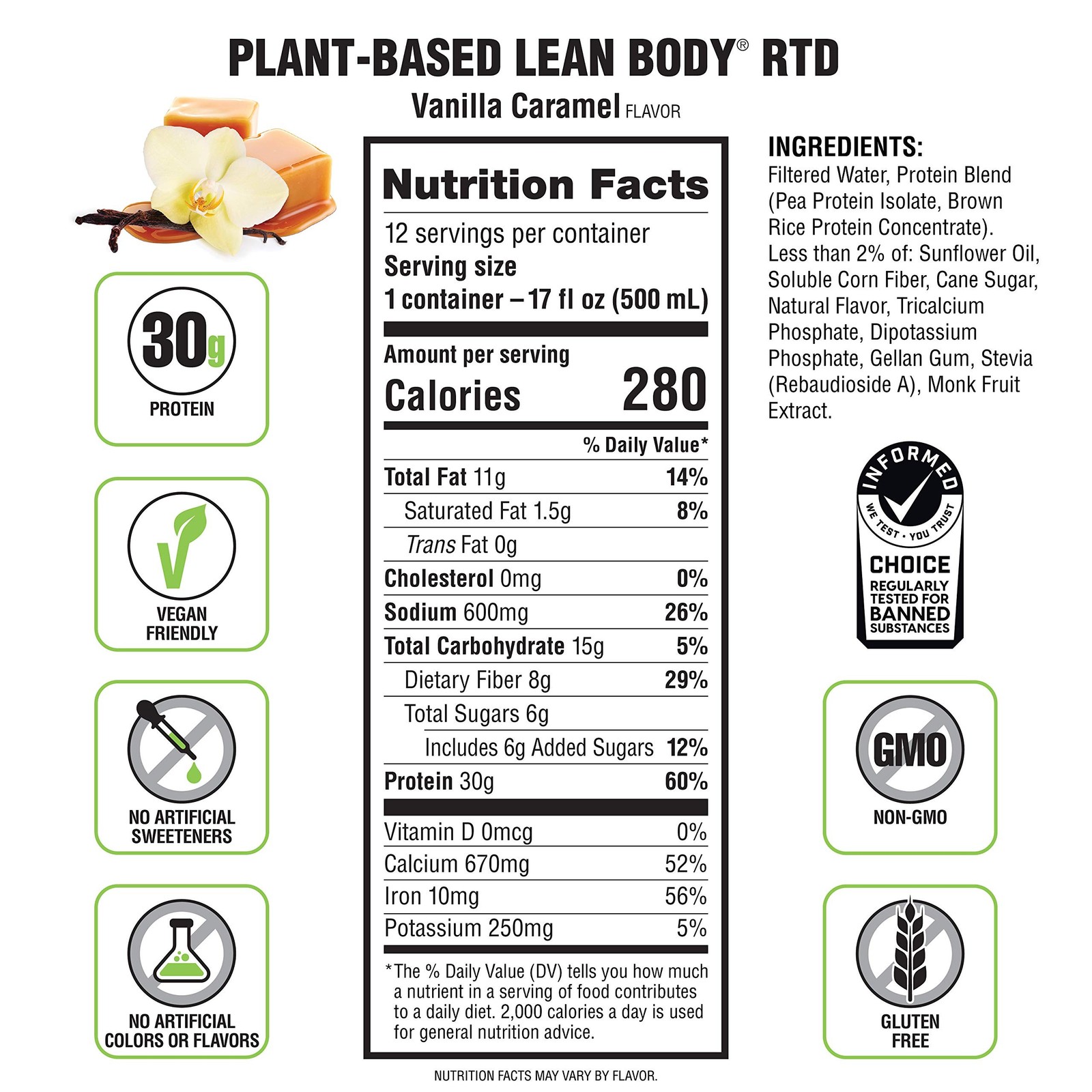 Lean Body Ready-to-Drink, Plant-Based Vegan Vanilla Caramel Protein Shake, 30…