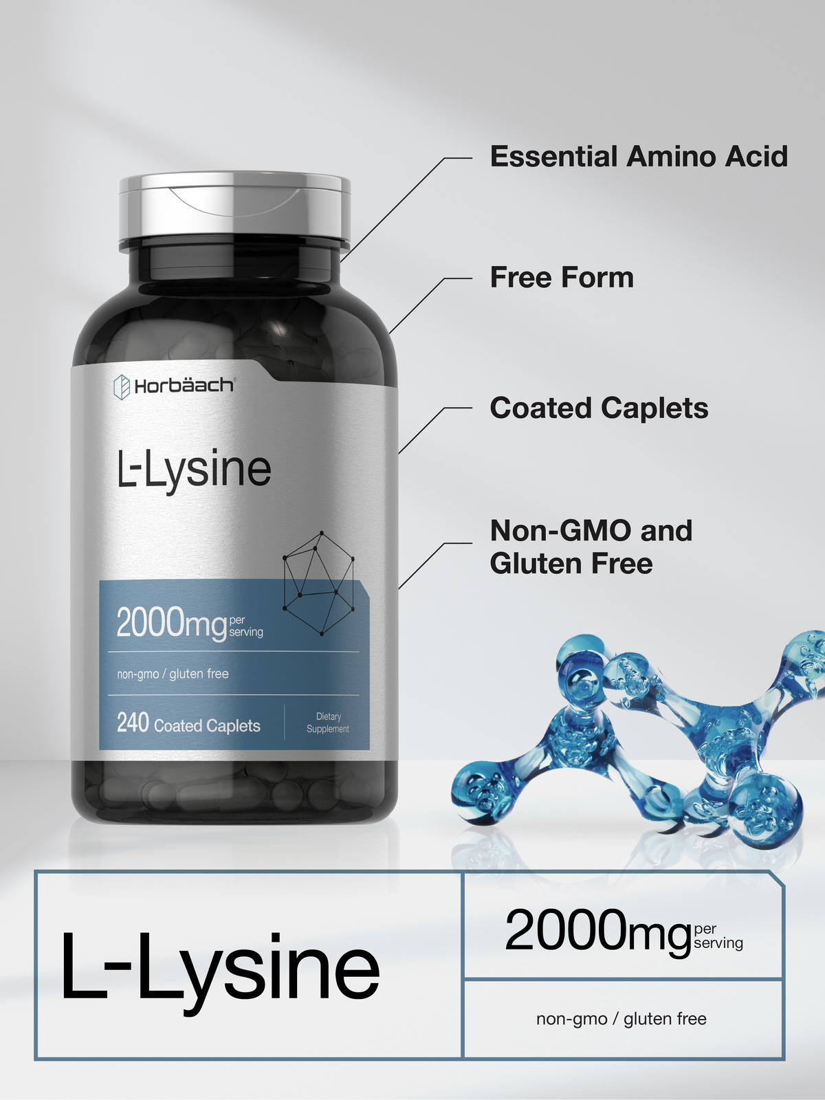L-Lysine 2000mg | 240 Caplets | Vegetarian, Non-GMO, Gluten Free | by Horbaach