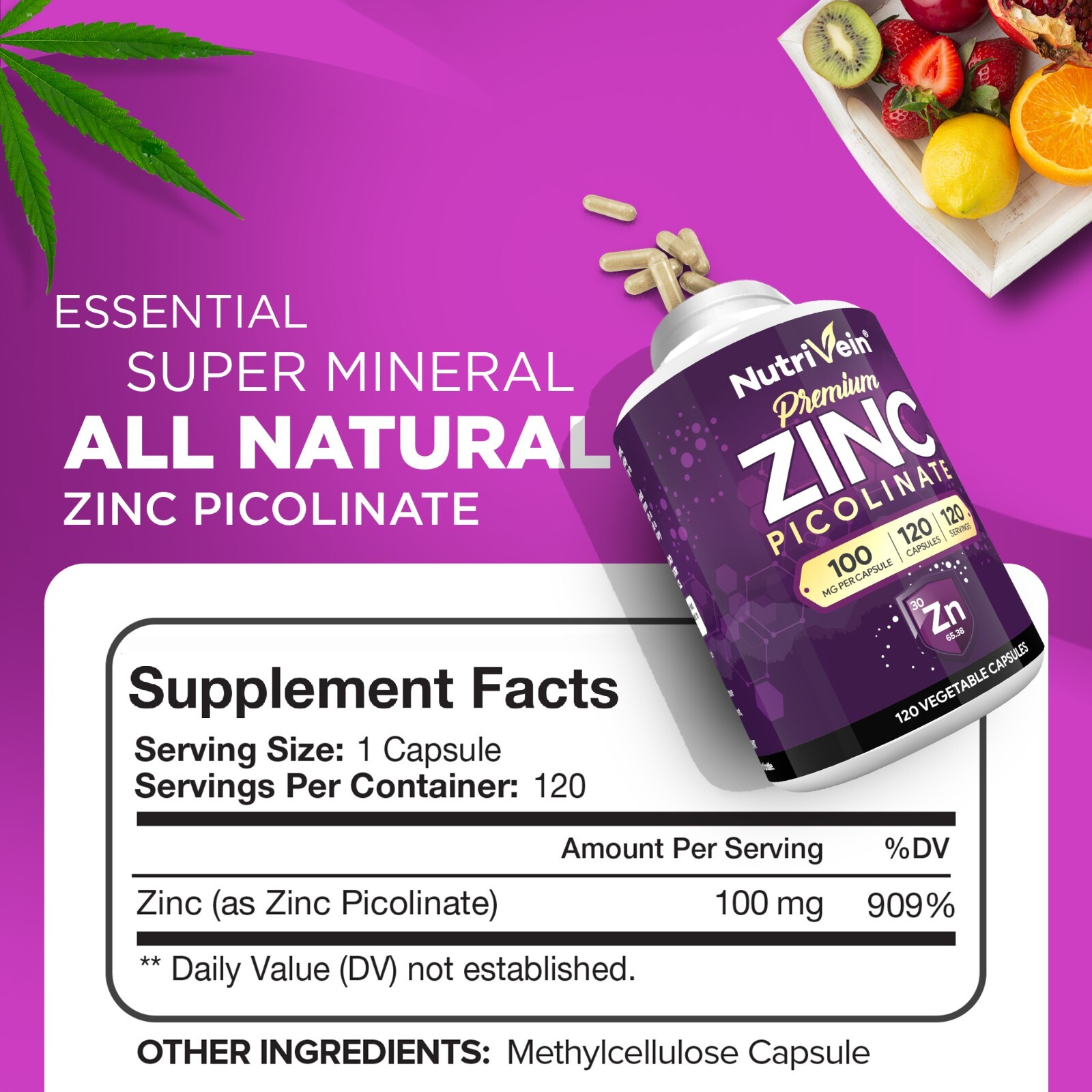 Nutrivein Zinc Picolinate 100mg – 120 Capsules – Immunity Defense Max Strength