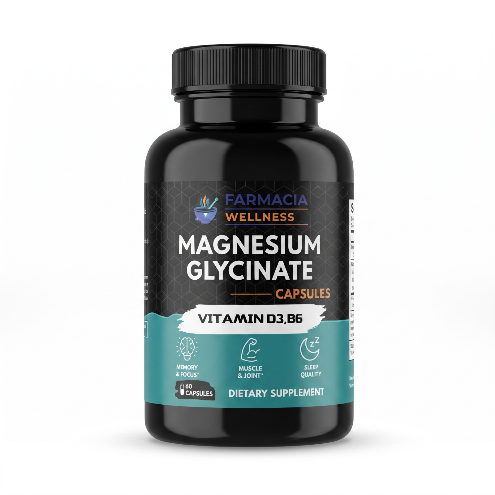 Farmacia Wellness Magnesium Glycinate 60 Capsules with D3 B6 Sleep Muscle Focus