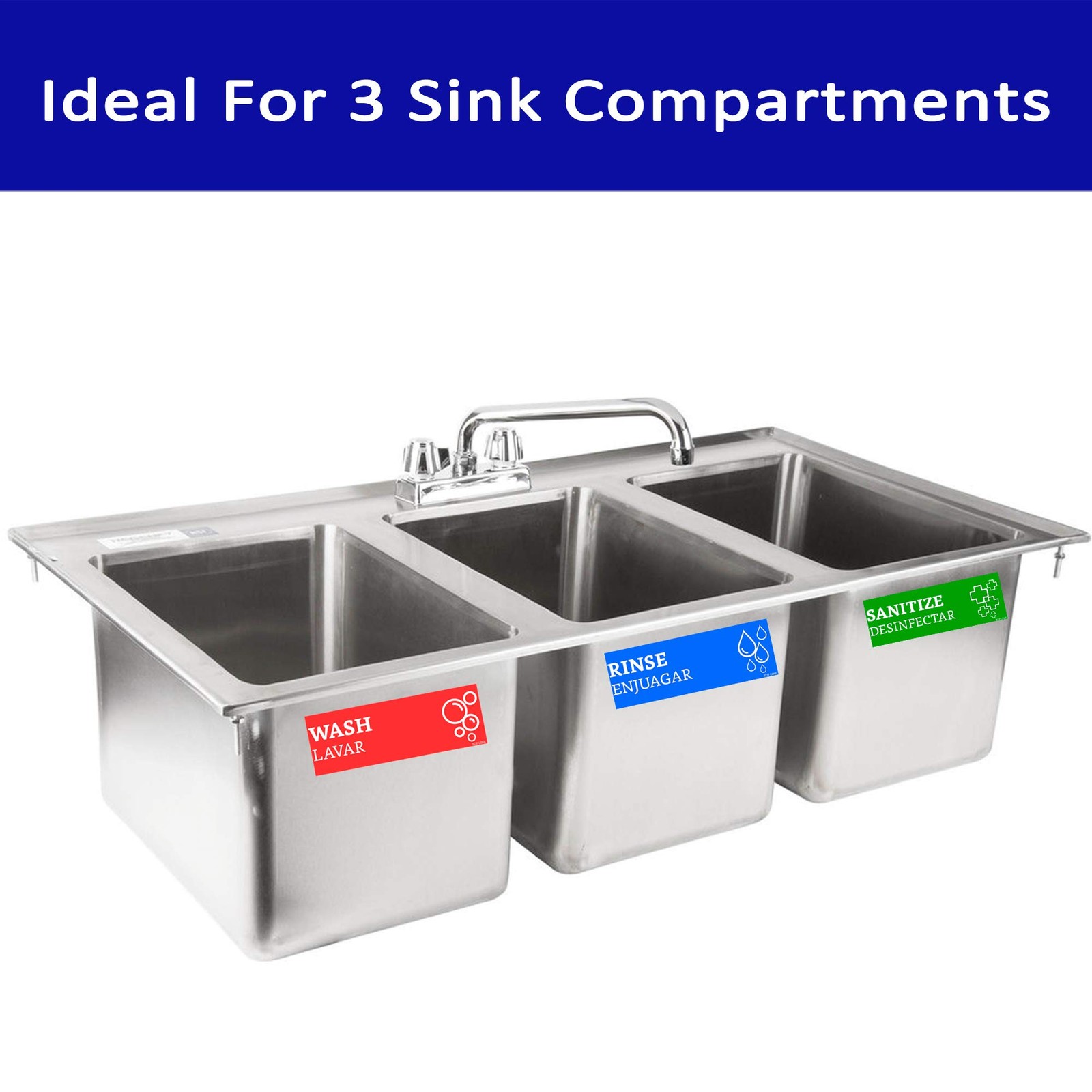Wash Rinse Sanitize Sink Labels Signs and Hand (12 2.5 x 7.25 inch