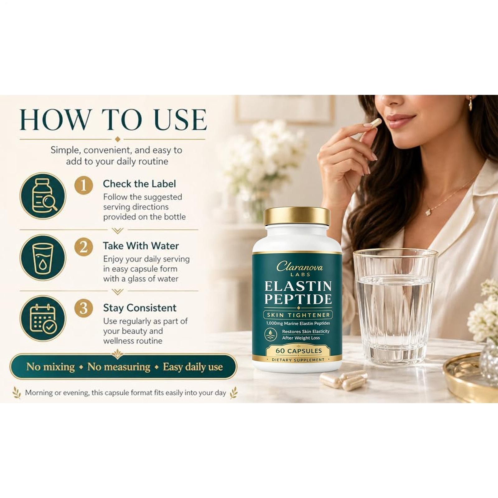 Claranova Labs Marine Elastin Peptides, Elastin Peptide Skin Tightening 60 Ct X3