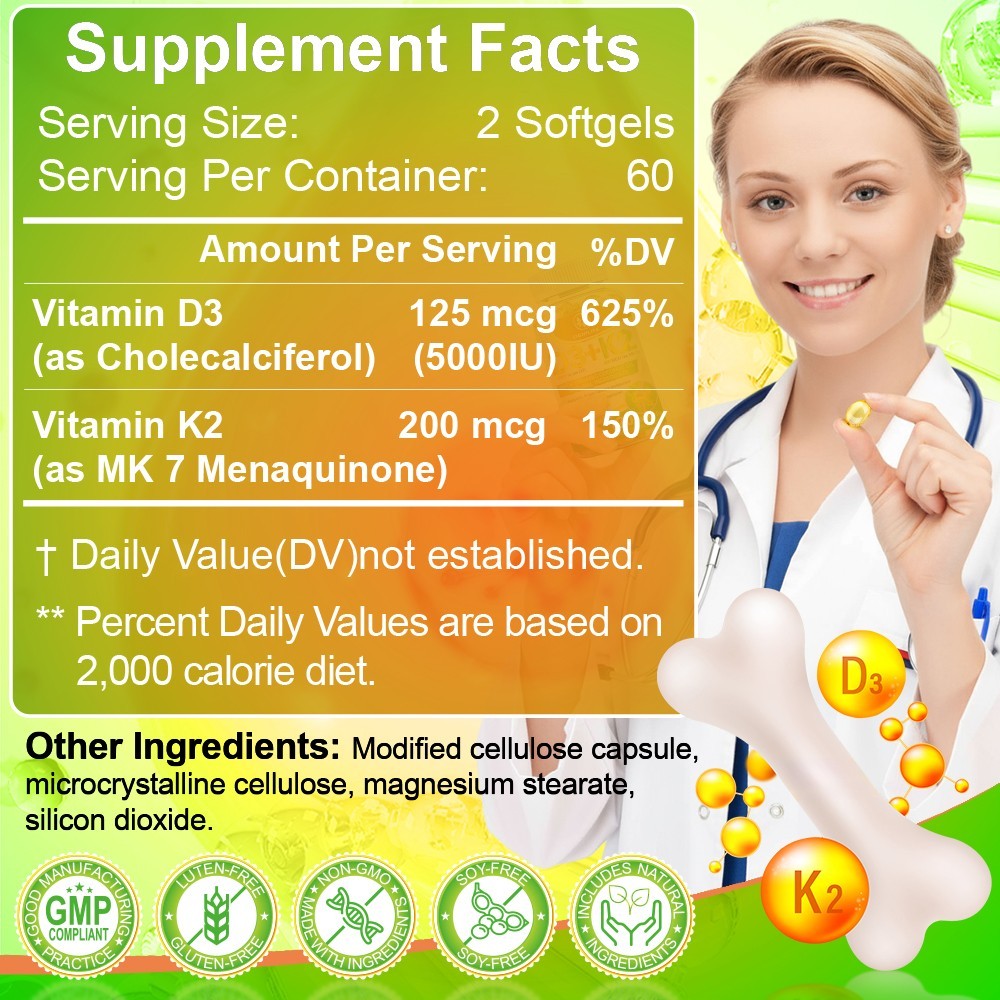 Vitamin D3 5000 IU + K2 200mcg 120 Capsules Extra Strength D3 K2 Supplements