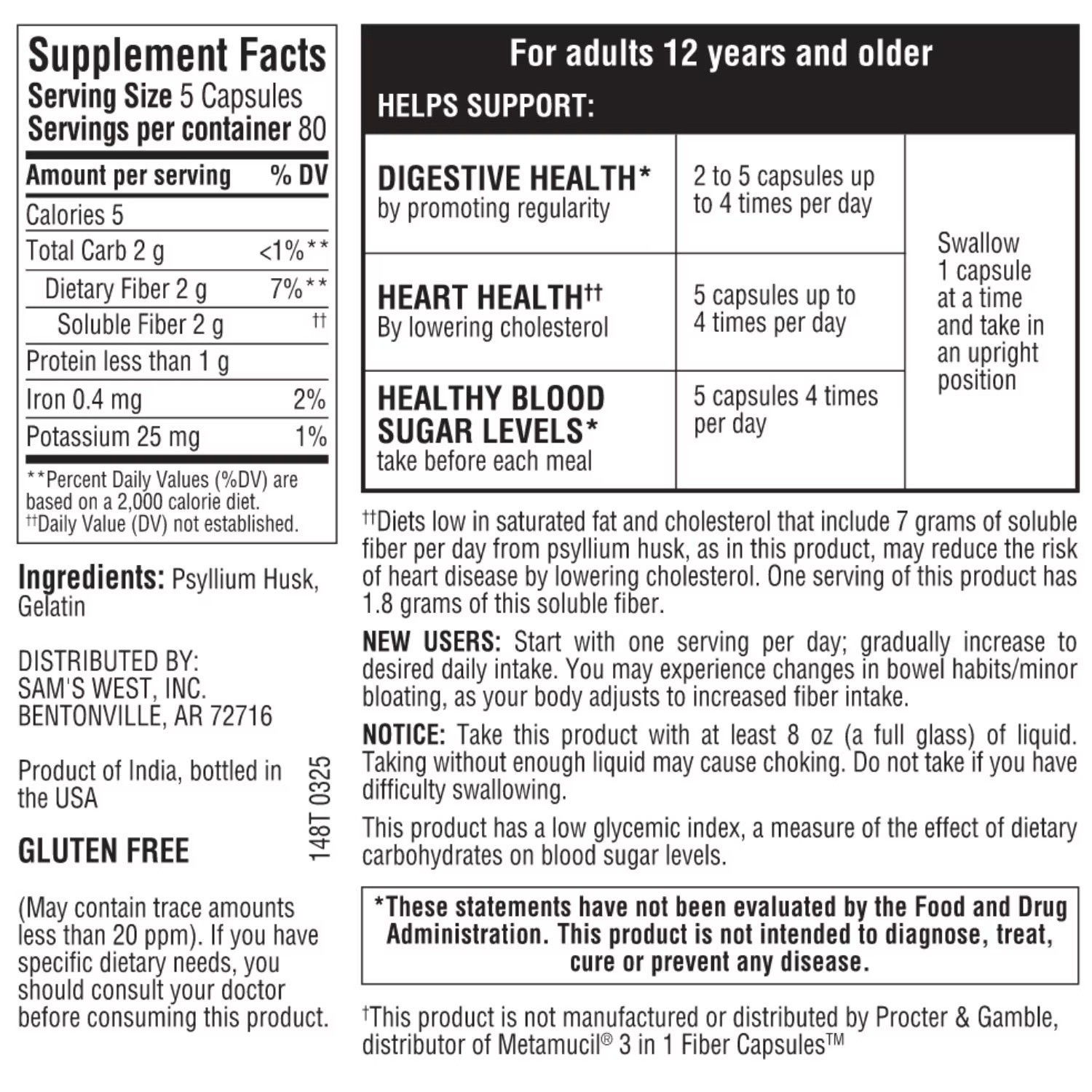 2 Pack – Member’s Mark Fiber Capsules 100% Psyllium 400 ct (Total 800)