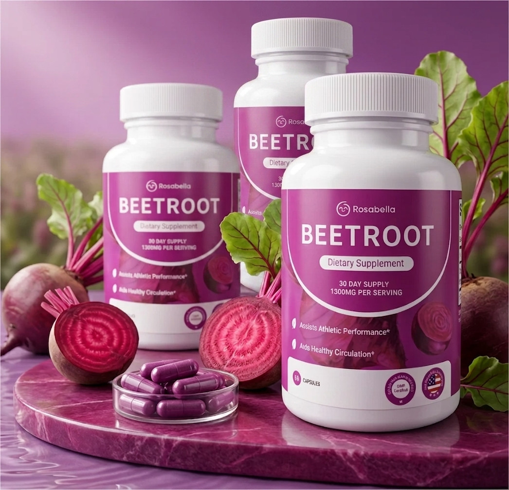 3PCS Rosabella Organic Beet Root 60 Capsules Natural Energy Boost Blood Pressure