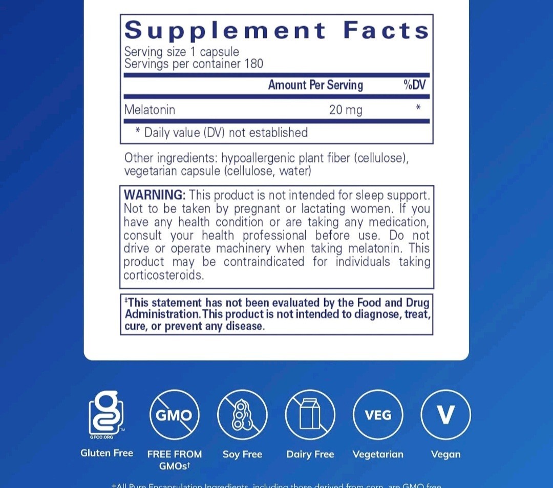 Pure Encapsulations – MELATONIN 20 MG. 180’S EXP 06/27 2 available