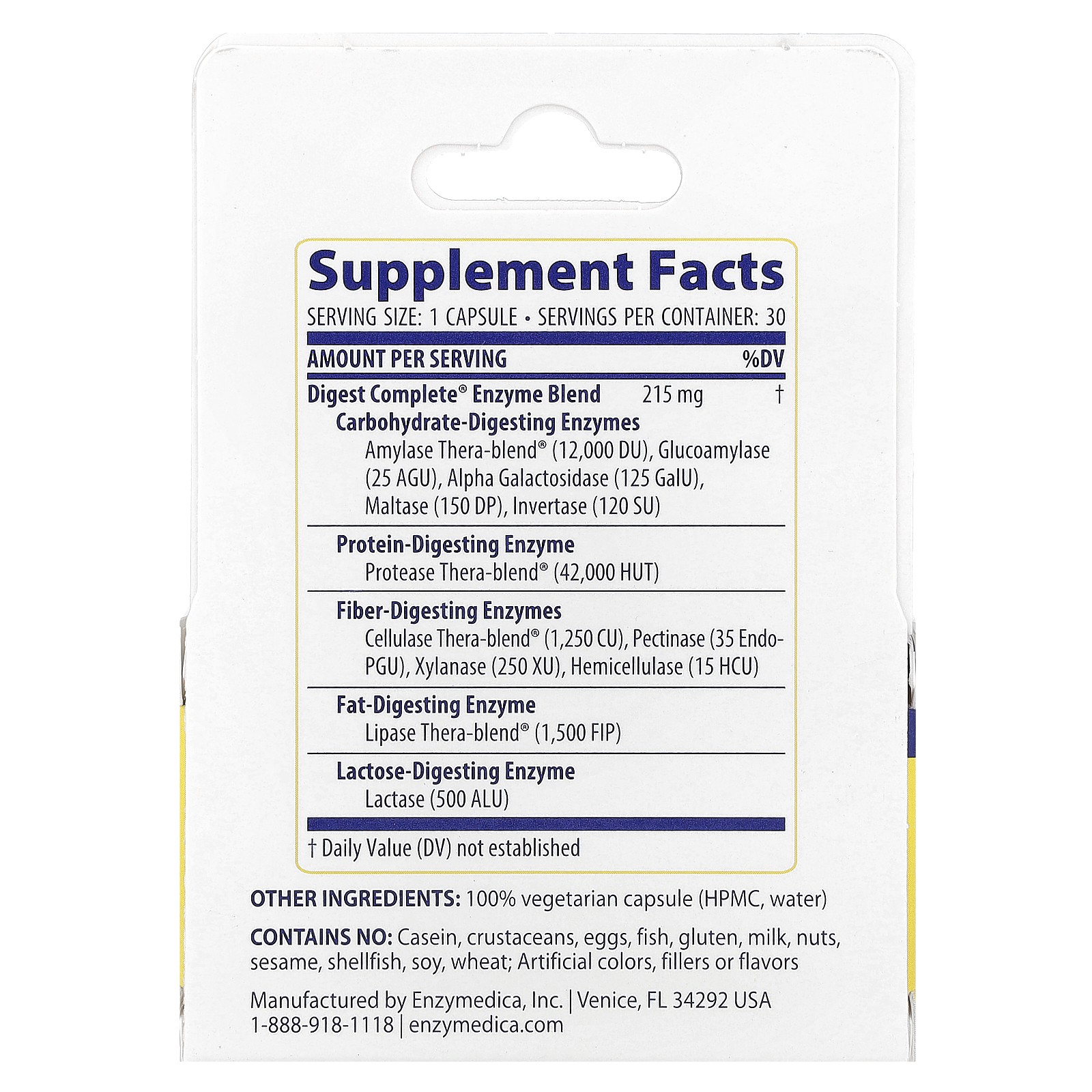 Enzymedica Digest Complete Enzyme Formula 30 Capsules Casein-Free, Dairy-Free,