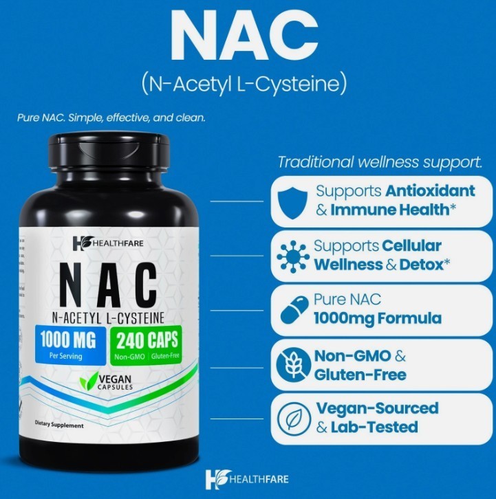 HealthFare N-Acetyl-Cysteine (NAC) 1000mg 240 Caps Immune System Function