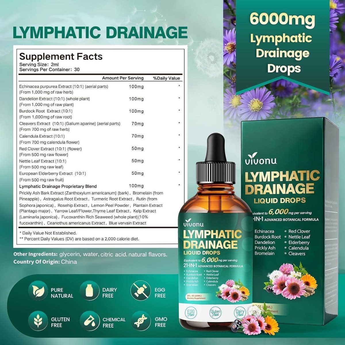 21-in-1 Lymphatic Drainage Drops for Liposomal, 6000mg Immune & Lymph System