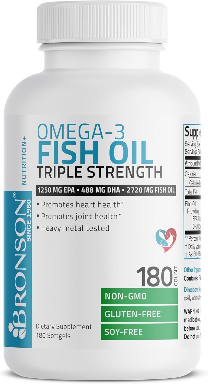 Omega 3 Fish Oil Triple Strength 2720 mg, High EPA 1250 mg DHA 488 mg, Non-GM…