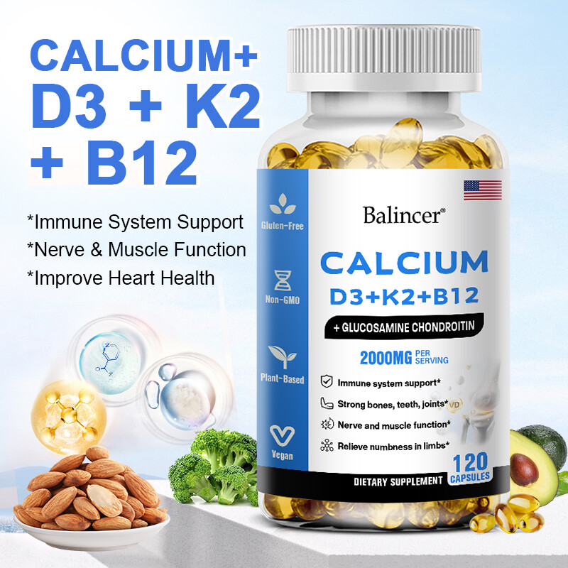 Balincer Calcium Vitamin D3 + K3 + B12, 2000 mg per serving, Non-GMO, Vegetarian