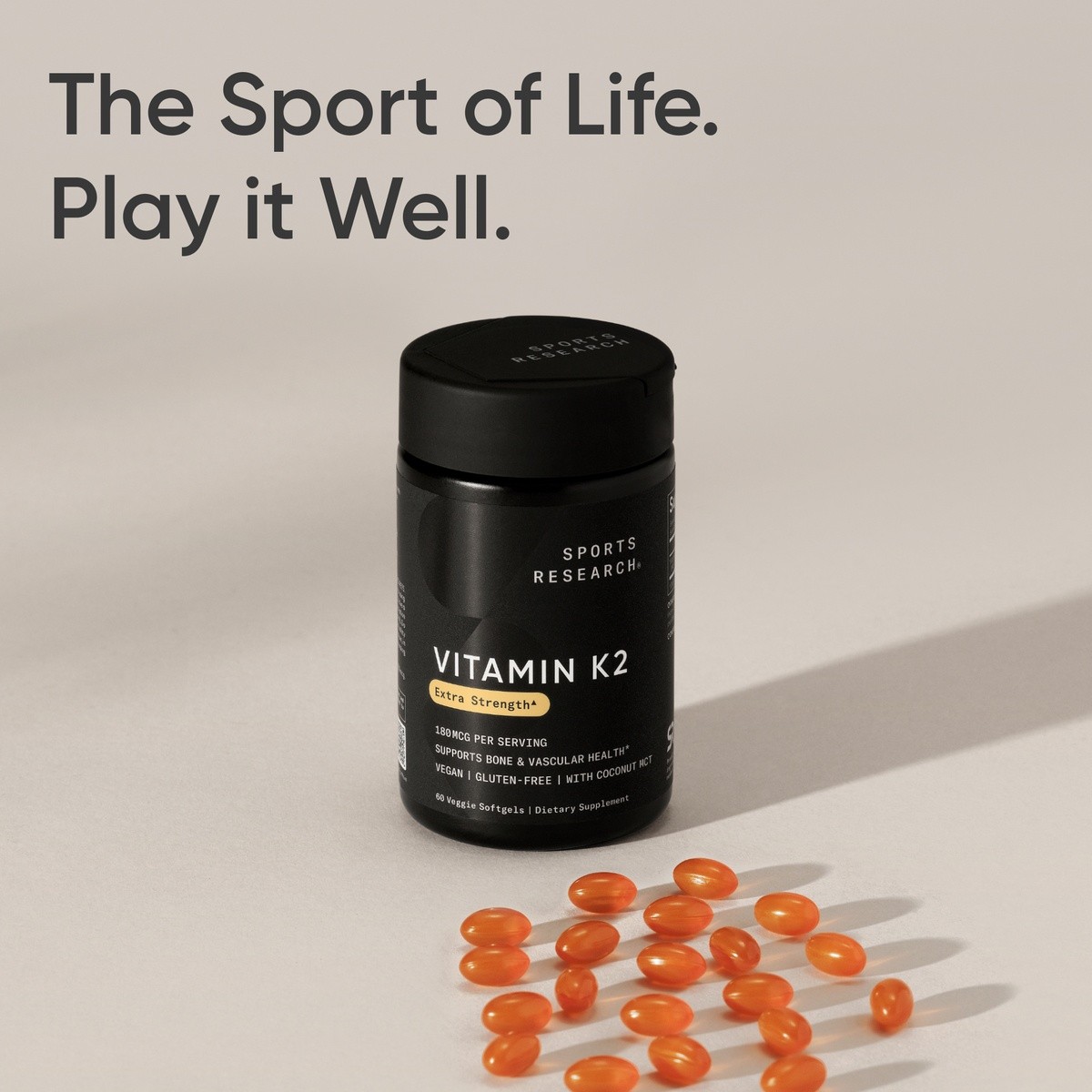 Sports Research Vegan Vitamin K2 MK7 180mcg with Coconut Oil 60 Veggie Softgels