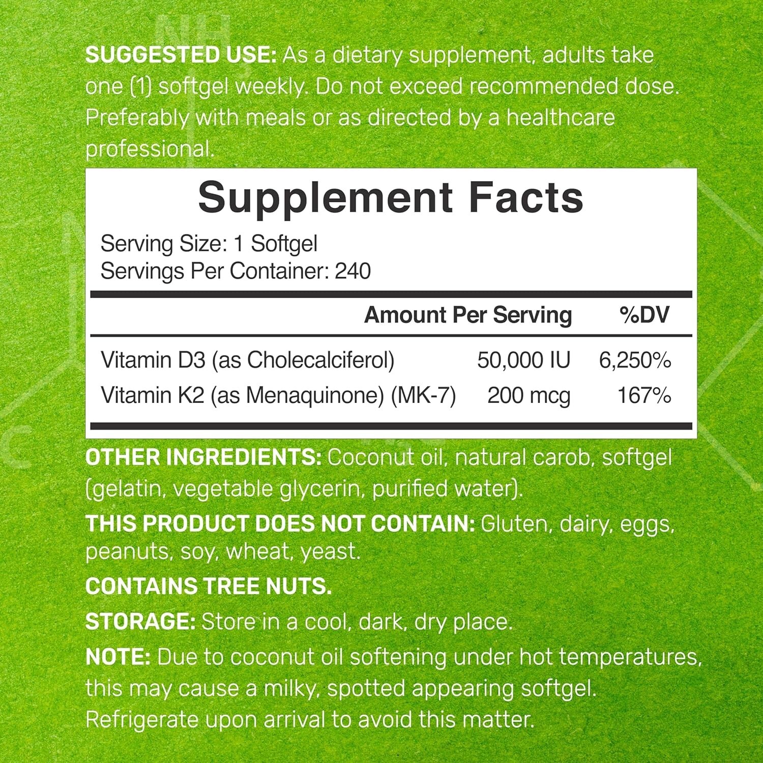 Vitamin D3 50,000 IU + K2 MK7 200 mcg, 240 Softgels, Virgin Coconut Oil