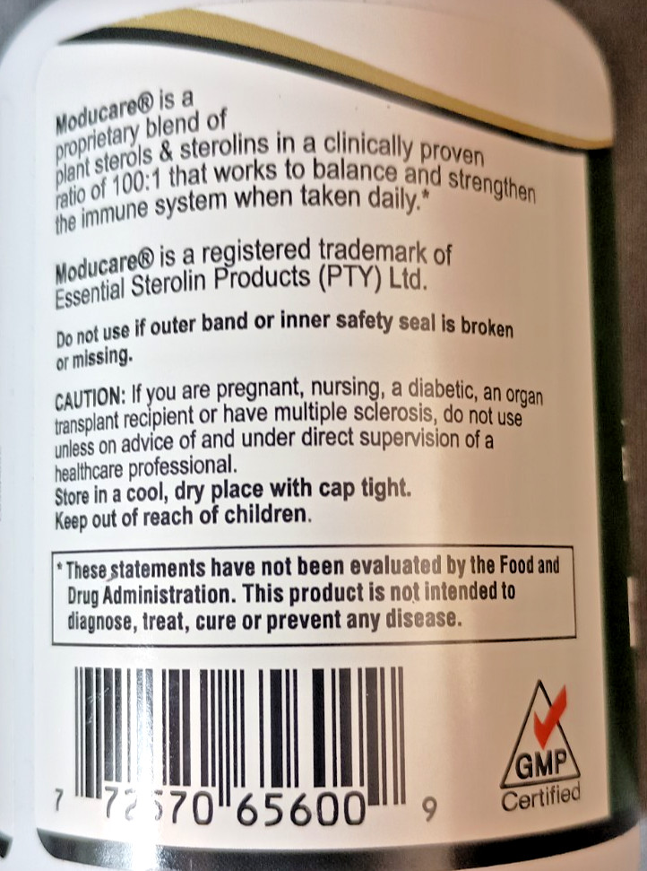 MODUCARE Immune System Support Plant Sterols Sterolins 100:1 90 veg caps 11/2028