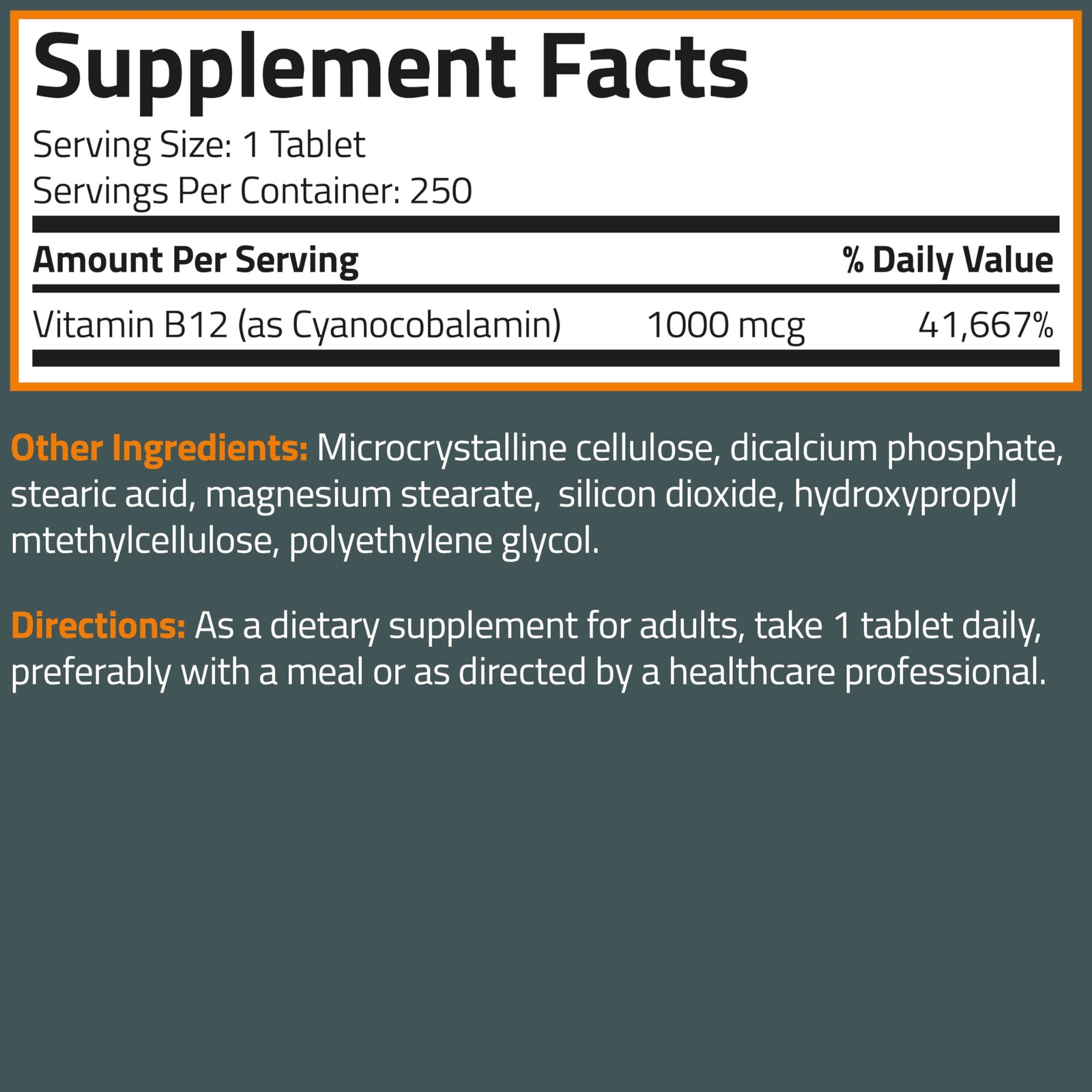 Bronson Vitamin B12 1000mcg Once Daily Formula Non-GMO, 250 Count (Pack of 1)