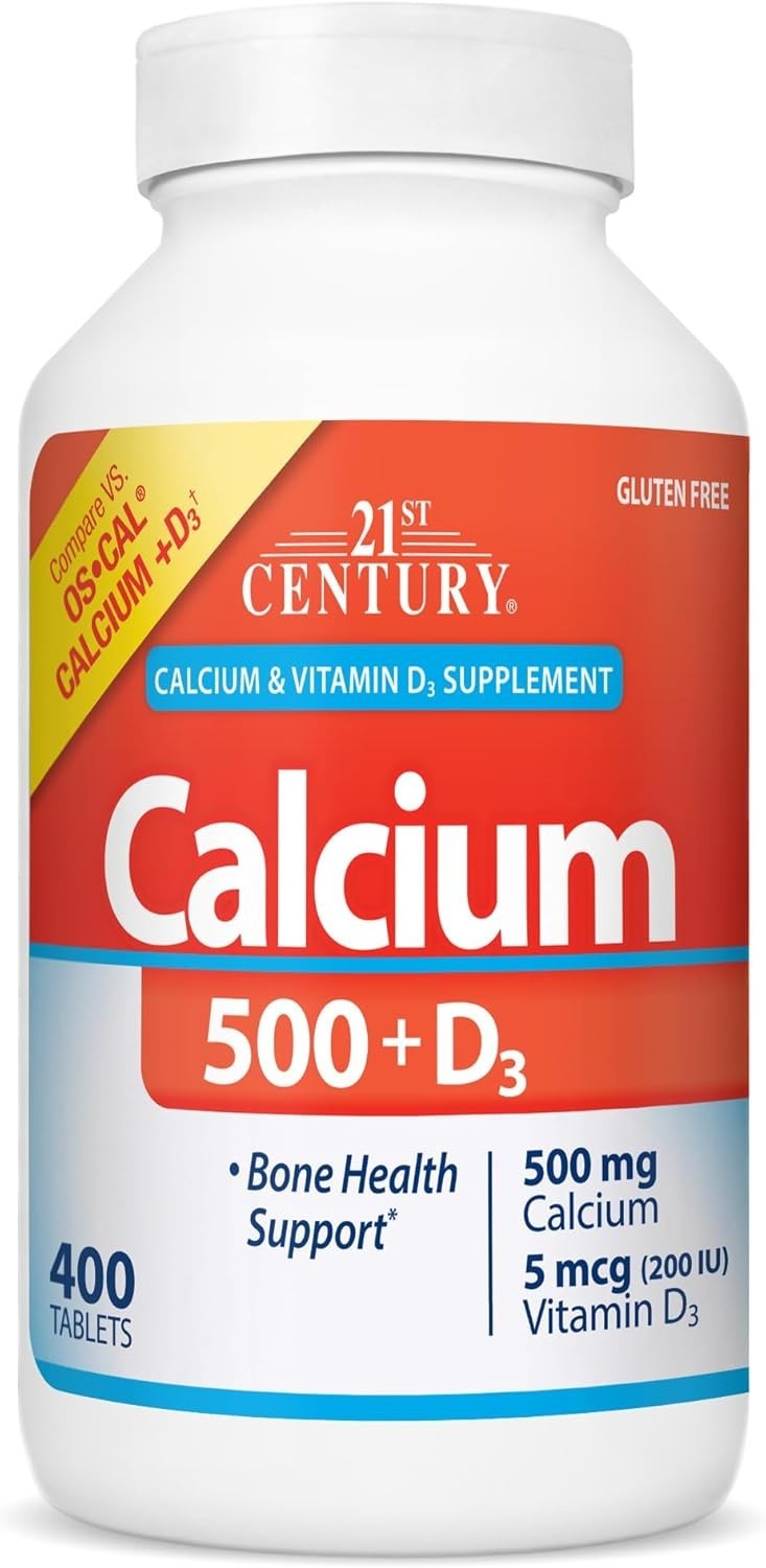 500 mg Calcium with Vitamin D3 – 400 Gluten-Free Tablets for Bone Strength