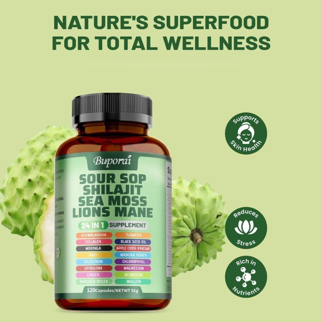 24 in 1 Soursop Dietary Supplement Skin Joint Bone Health Support NEW
