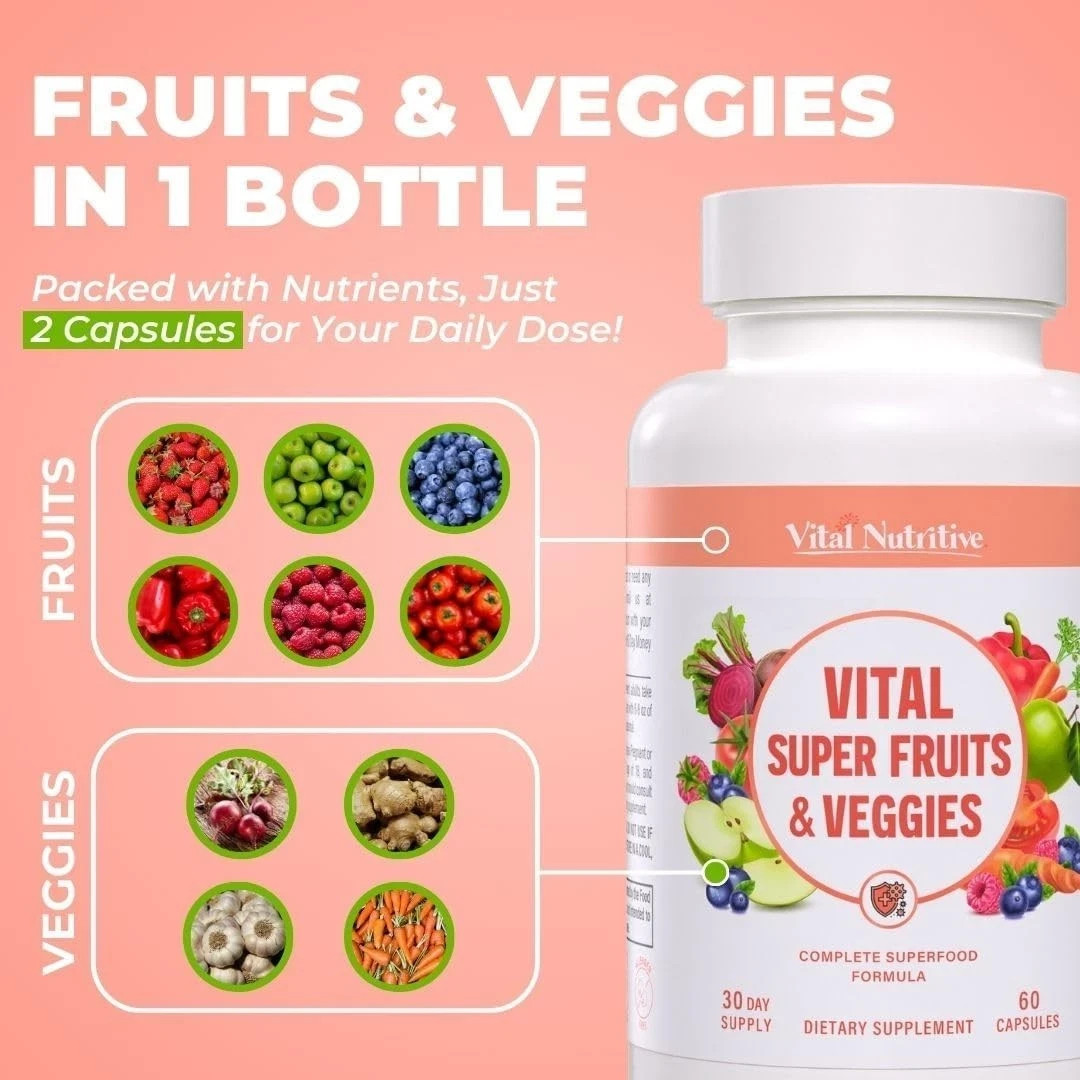 3x Vital Super Fruits & Veggies – Daily Superfood Capsules for Adults – Fruit