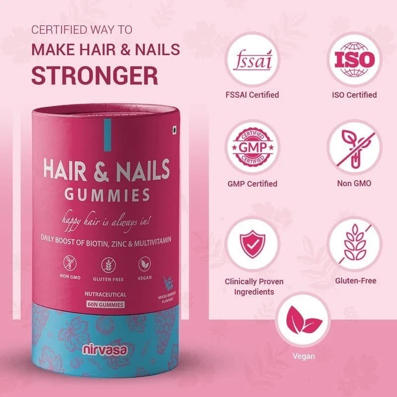 Nirvasa Hair & Nail Gummies with Biotin Helps Keep Hair, Nail, Skin Healthy
