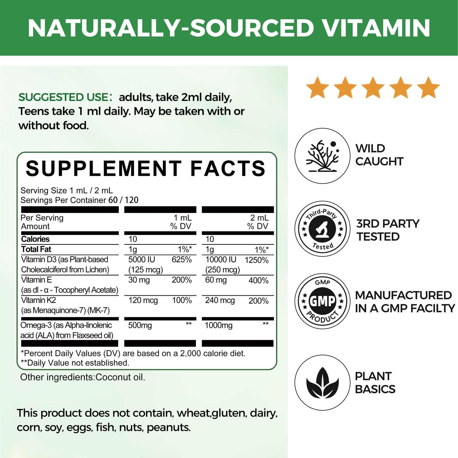 Vitamin D3 K2 Drops with MCT Oil Omega 3 & Vitamin E Bone Immune Support