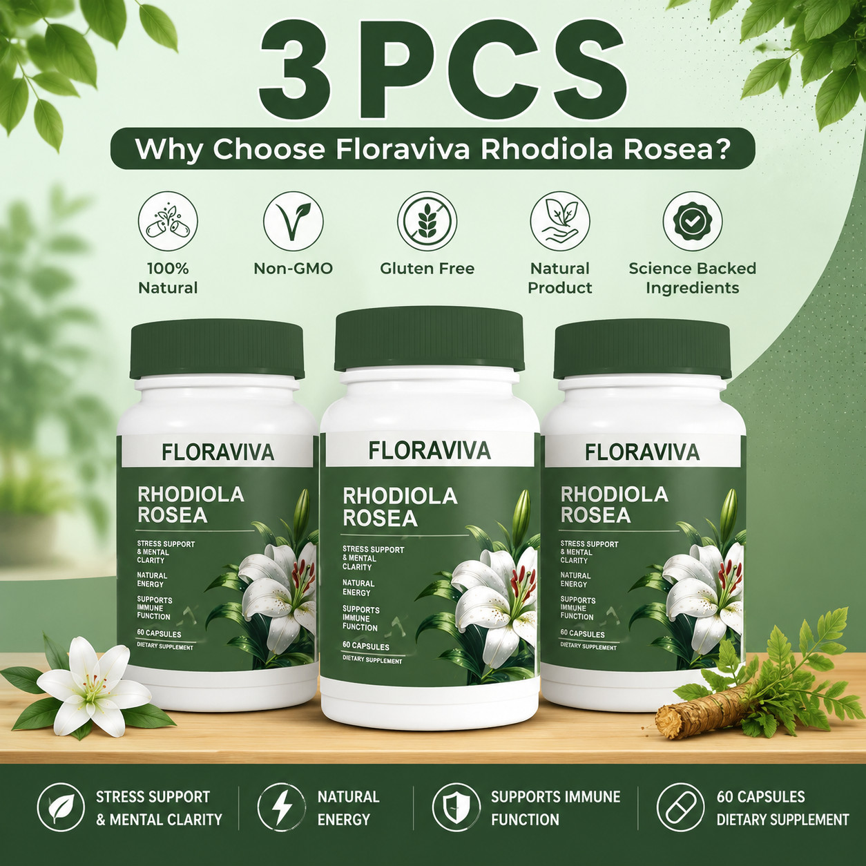 Floraviva Rhodiola Rosea Capsules for Stress Relief & Energy Premium,Non-GMO