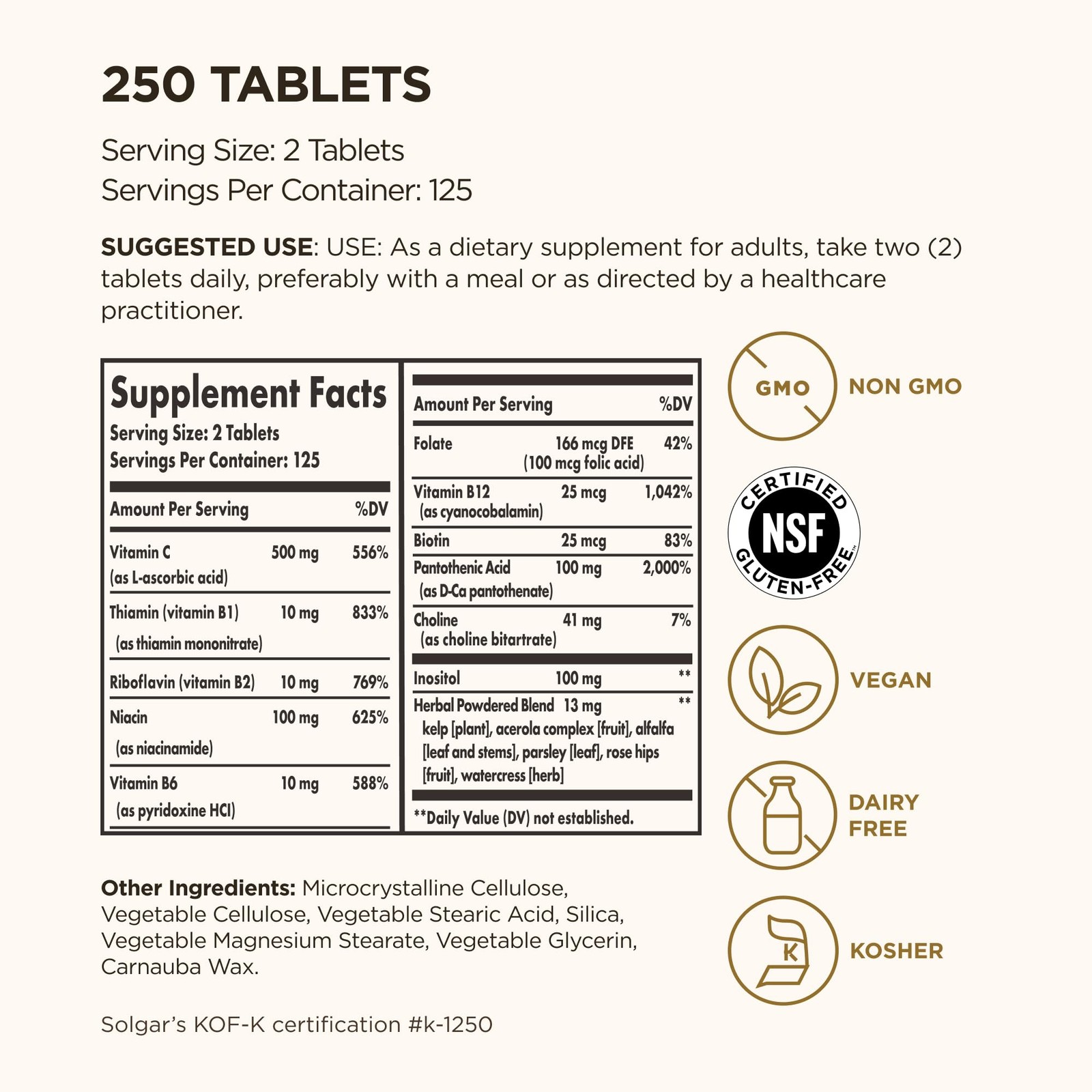 Solgar B-Complex with Vitamin C 250 Count (Pack of 1), Standard Packaging