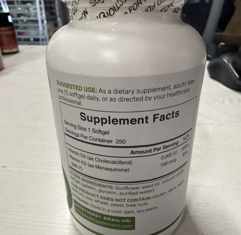 Deal Supplement Vitamin D3 + K2 5,000 IU/100 mcg 250 Softgels GMO-Free