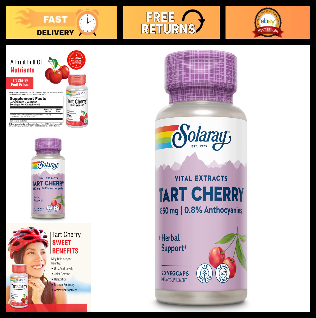 Tart Cherry Fruit Extract 850mg – 90 Vegan Capsules for Joint Health & Sleep Aid
