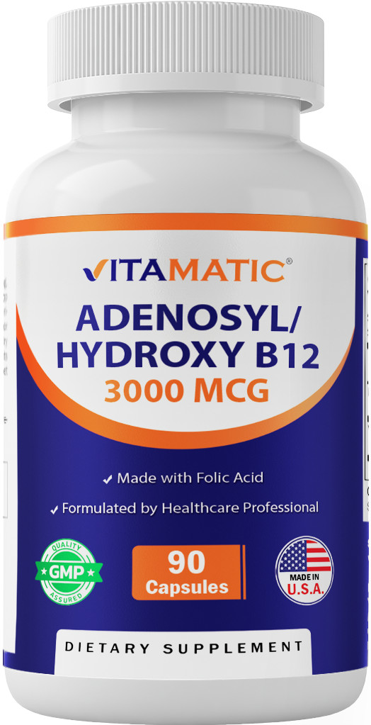 Vitamatic Adenosylcobalamin Hydroxocobalamin B12-3000 mcg with Folic Acid – 90ct