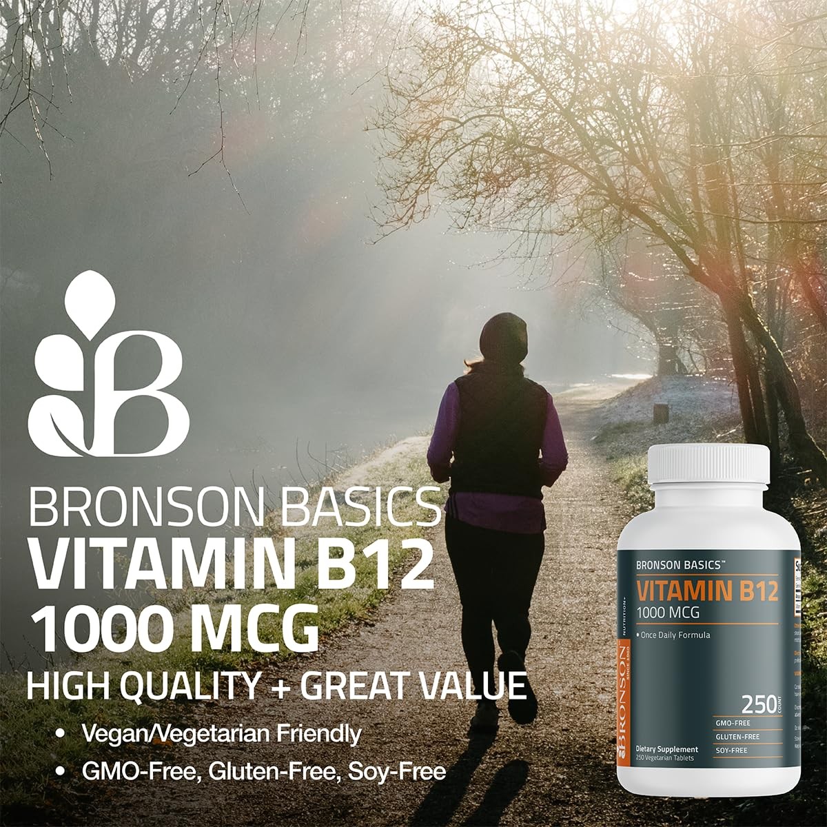 Bronson Vitamin B12 1000mcg Once Daily Formula Non-GMO, 250 Count (Pack of 1)