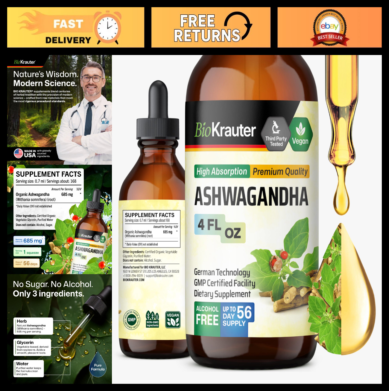 Vegan Ashwagandha Liquid Drops – 685mg, 4 Fl Oz, Mood & Relaxation Support, 56-D