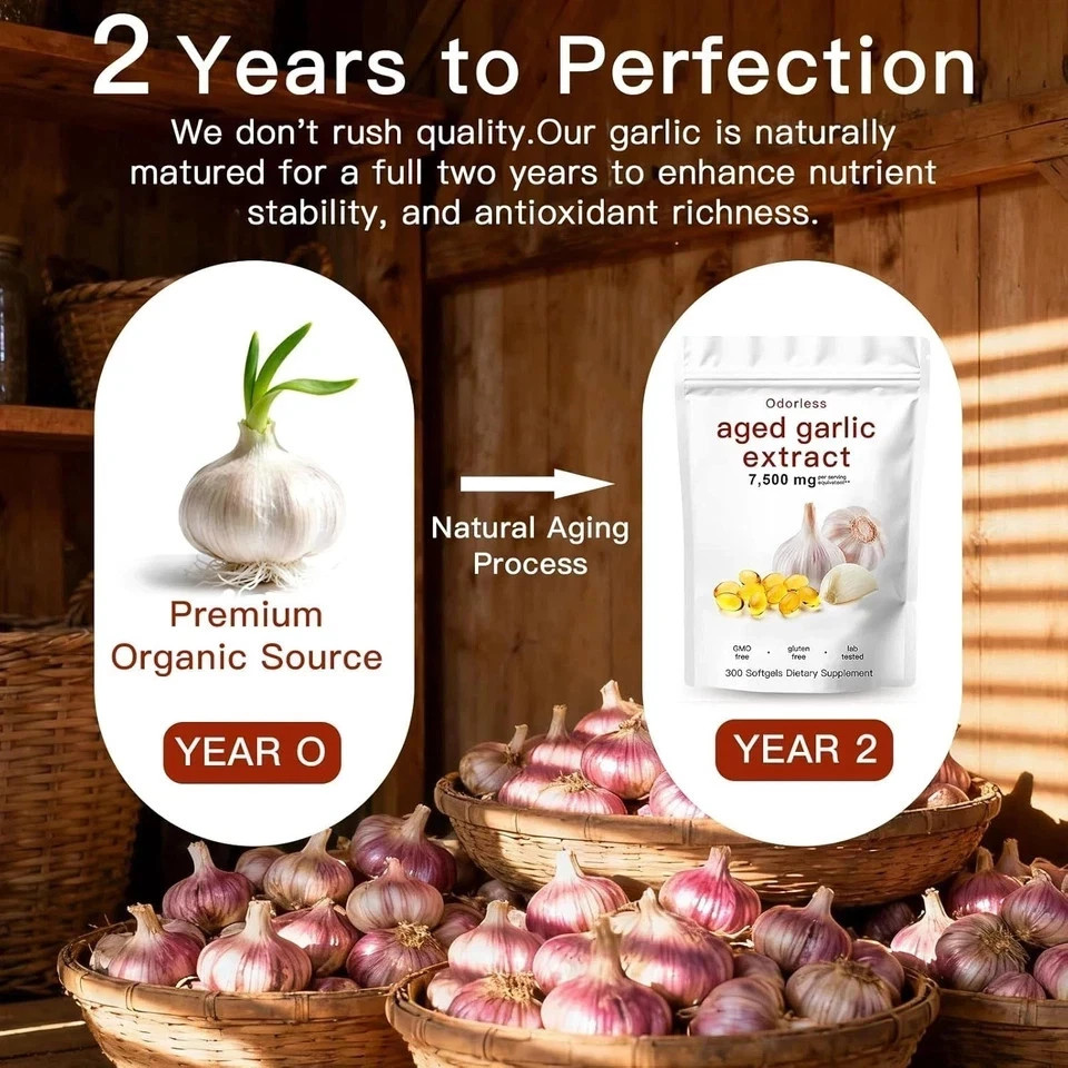 Odorless Garlic 7500mg Per Servings, 300 Softgels | 2 Years Aged Garlic Extra…