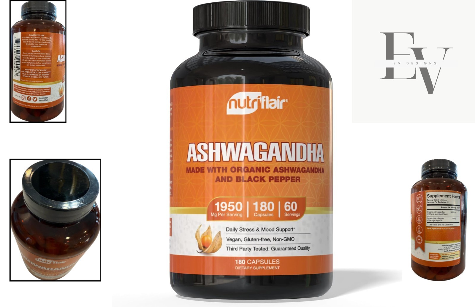 Certified Organic Ashwagandha with Black Pepper – 180 Capsules for Stress Relief