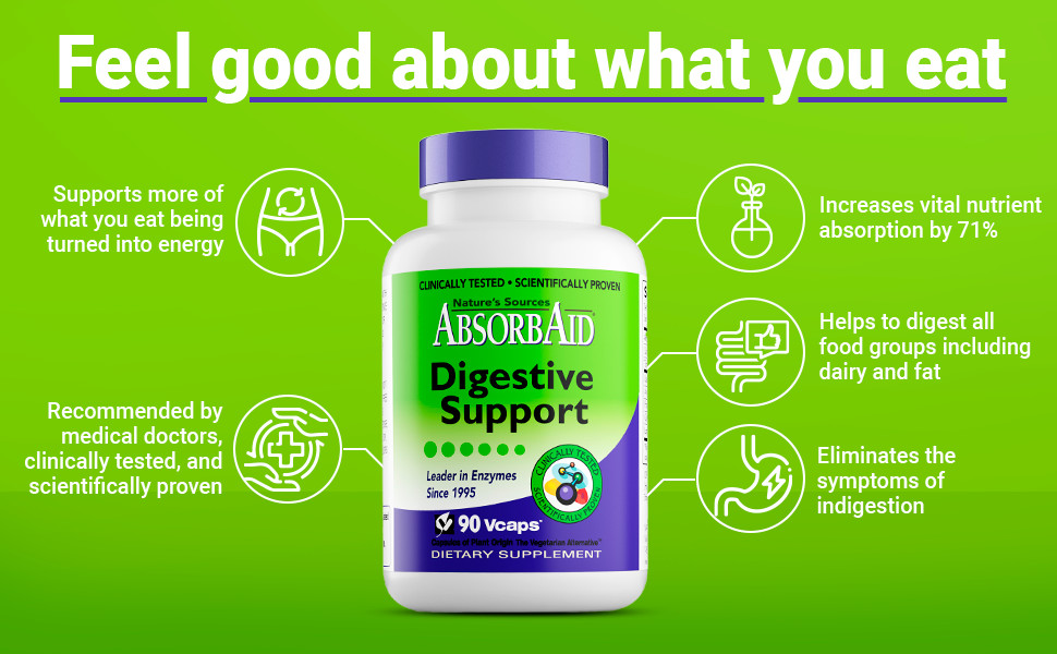 Absorbaid Natural Digestive Enzyme-relief for gas, bloating, acid reflux-90 caps