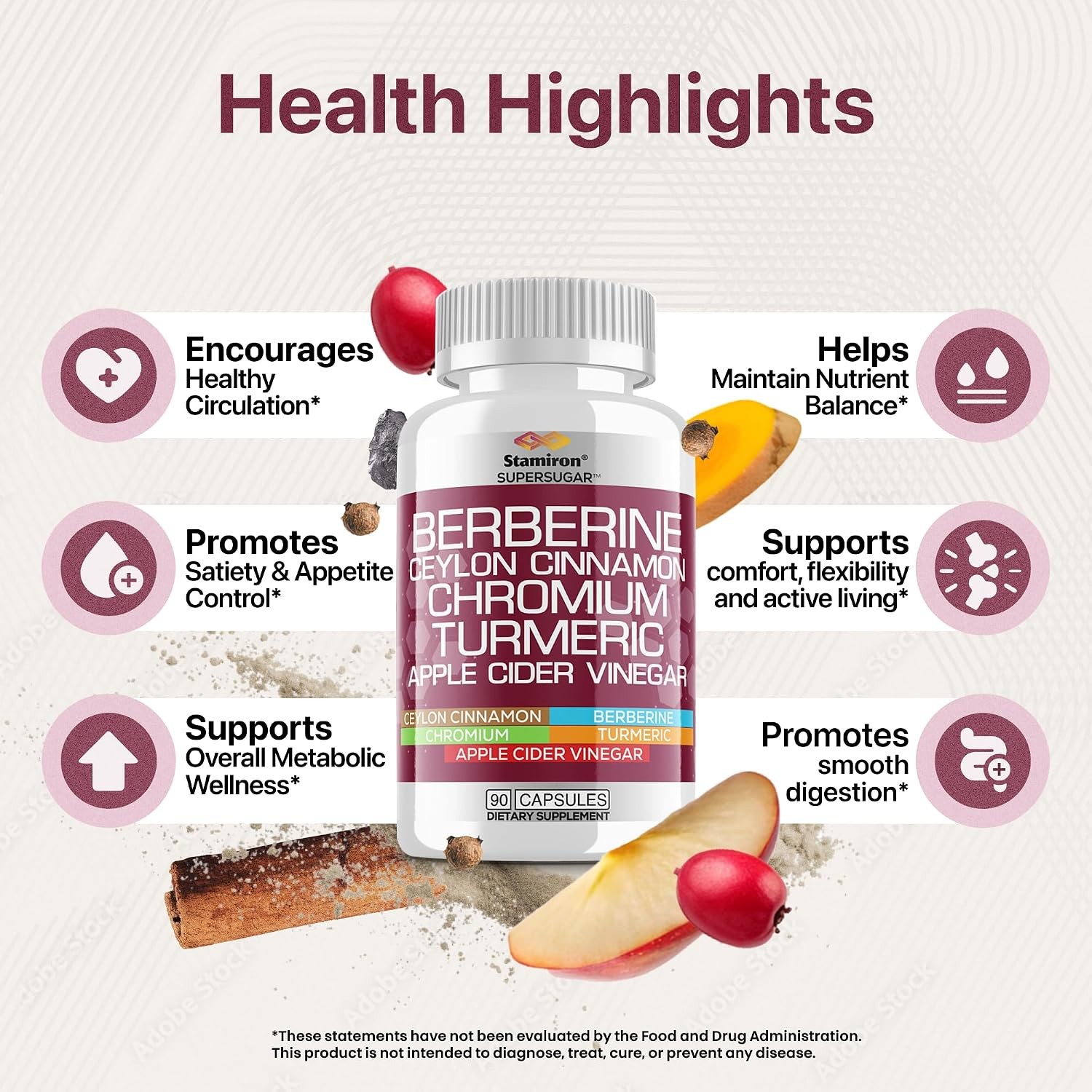 Berberine Complex Ceylon Cinnamon Chromium Berberina Canela Ceilán Cromo-90 Caps