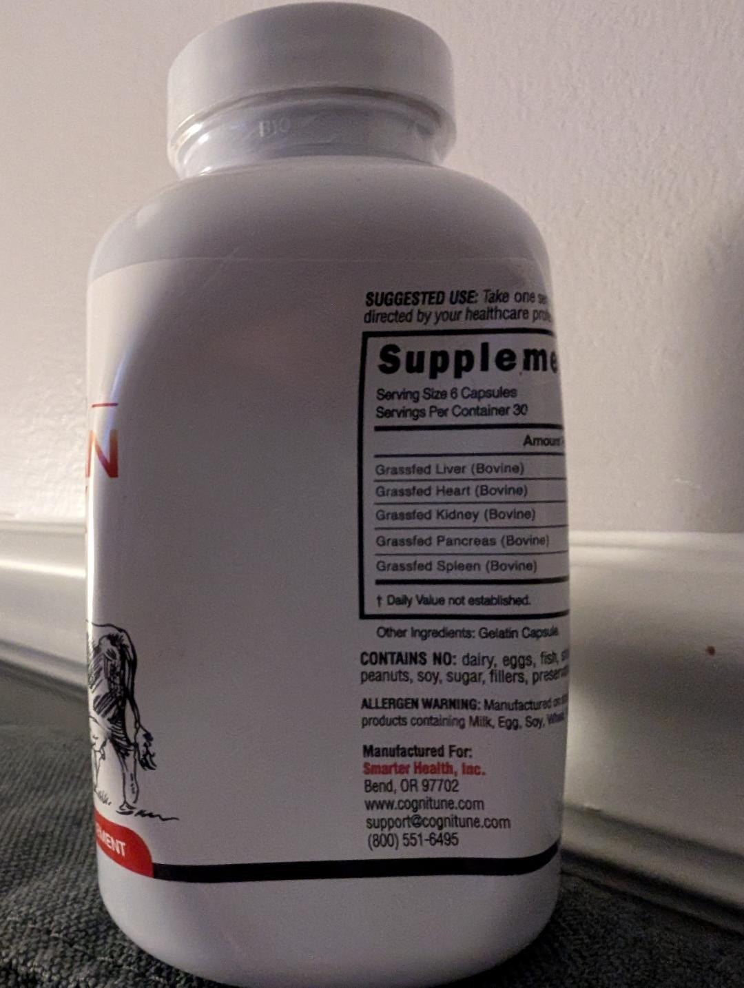 Cognitune GrassFed Beef Organ Complex Dietary Supplement, 180 caps. BB 01/2026