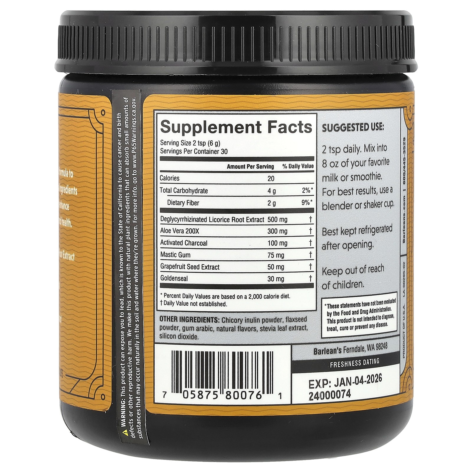 Barlean s Stomach Repair Vanilla Chai 6 35 oz 180 g Gluten-Free , Sugar-Free