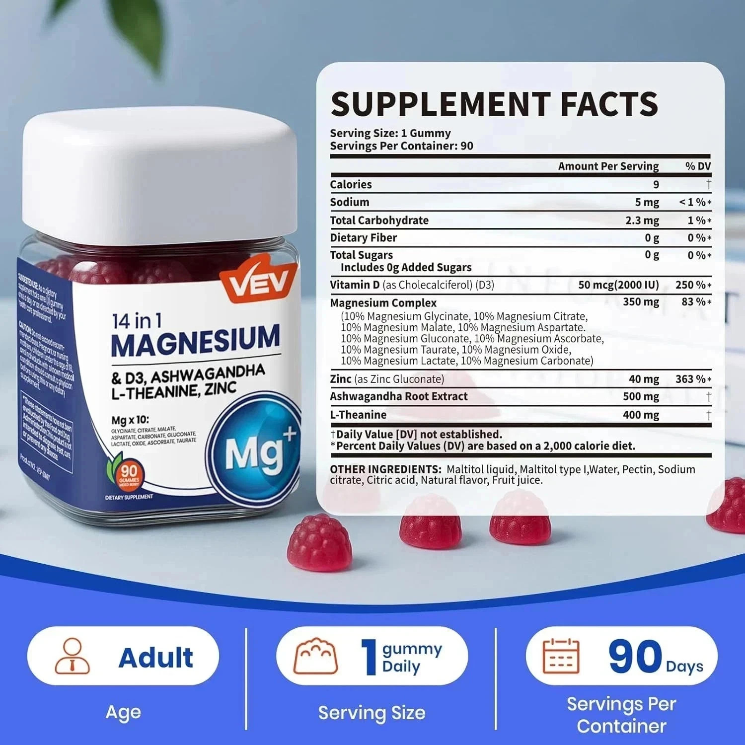 Mg 14-in-1 Magnesium Gummies – 10 VEV Types + D3, Ashwagandha – 90 Ct (2-Pack)
