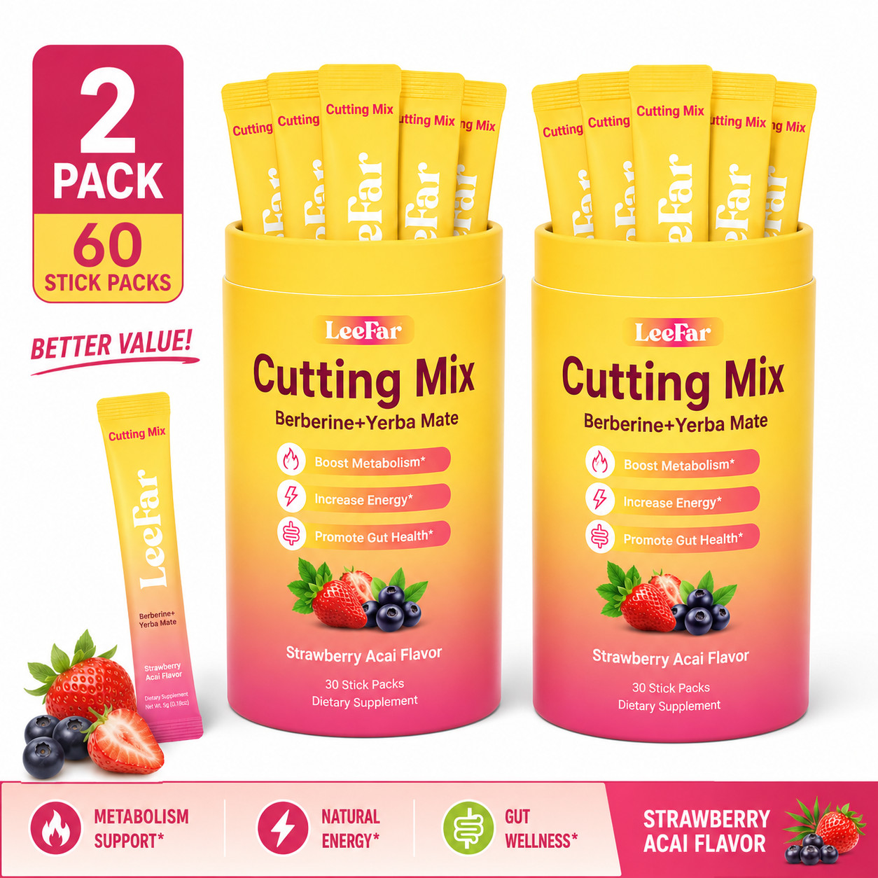 2 Pack LeeFar Cutting Drink Mix，Craving Control & Gut Health, 30 Sticks/Can