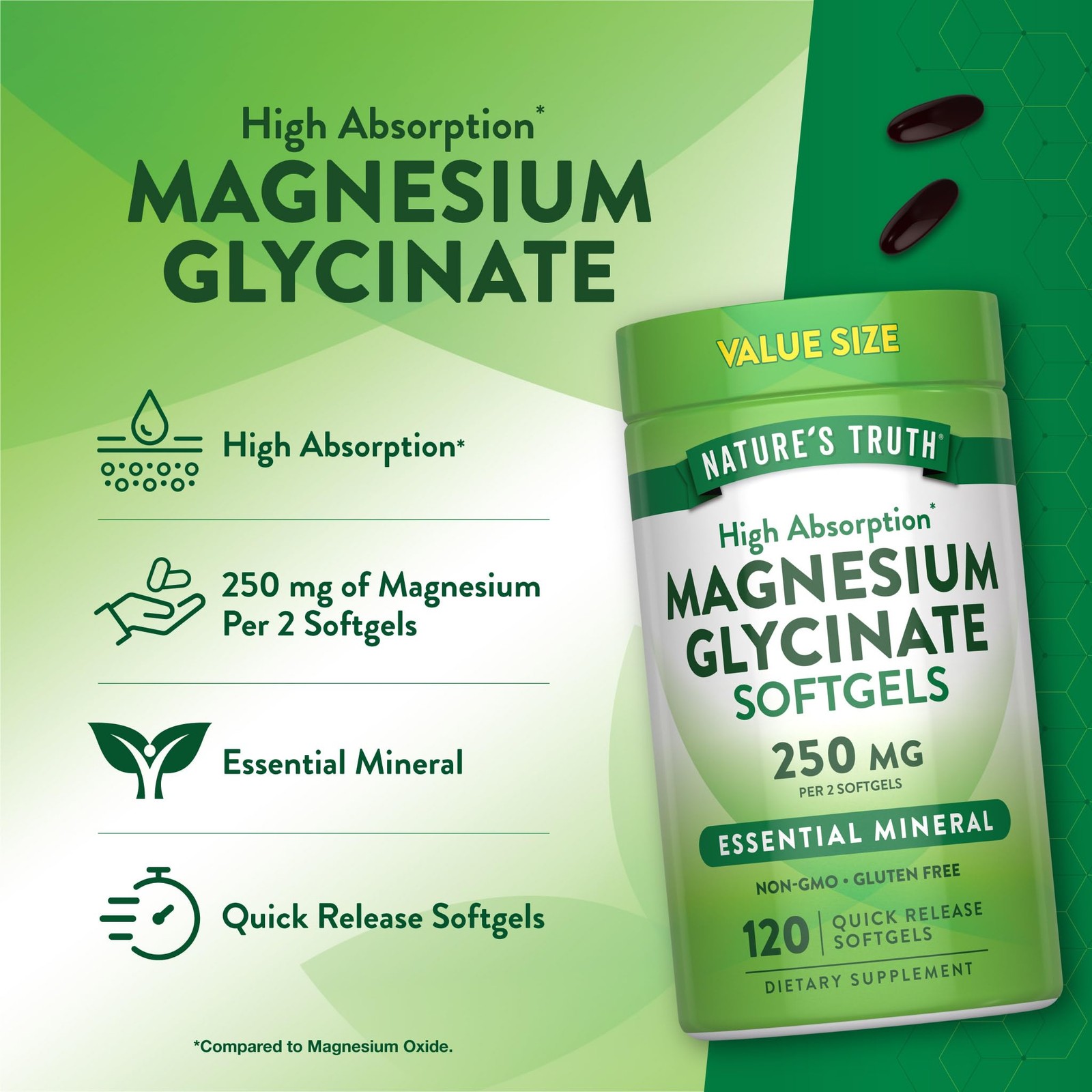 Nature’s Truth Magnesium Glycinate 250mg | 120 Softgels 120 Count (Pack of 1)