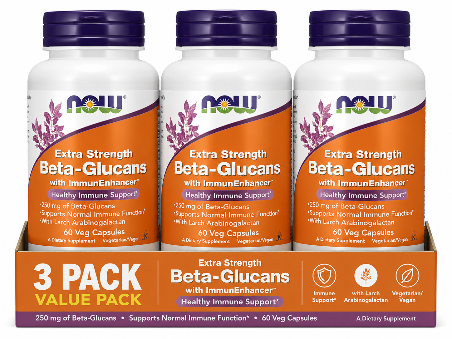 NOW FOODS Beta-Glucans with ImmunEnhancer (250mg) 60 Veg Capsules pack of 3