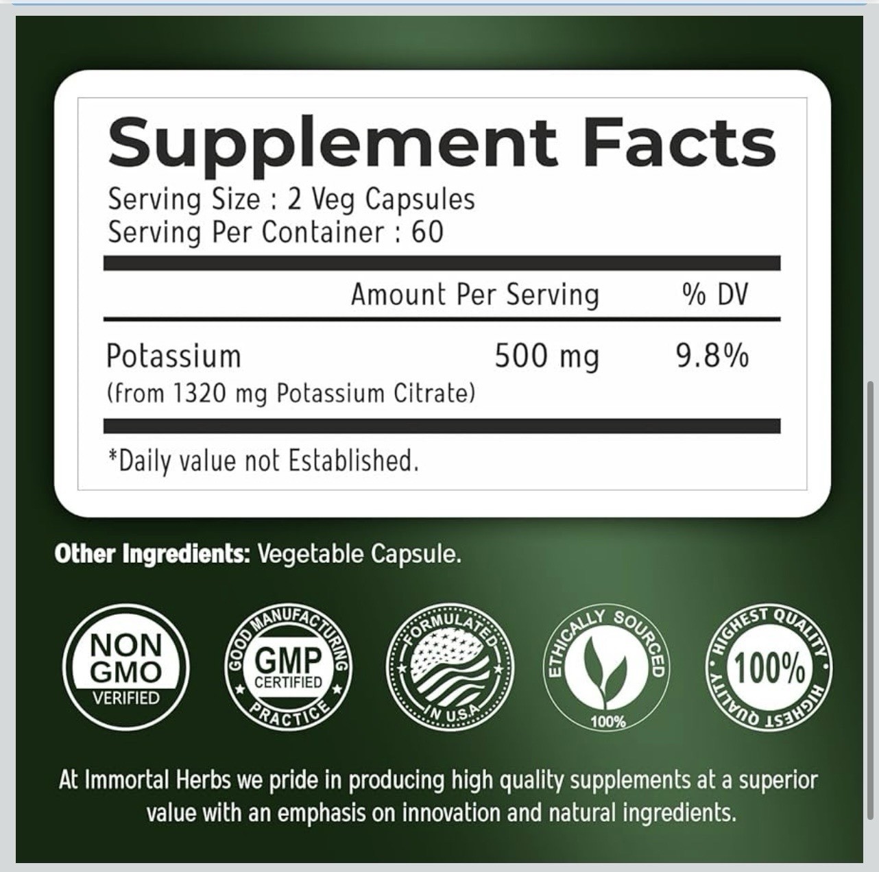 Immortal Herbs Potassium Citrate 120 Vegan Capsules EXP 11/2027
