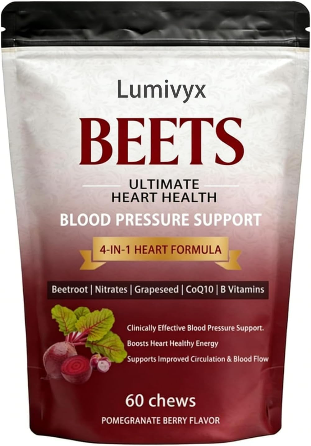 Beetroot Chews 500mg CoQ10 100mg Grape Seed Extract 150mg 3-in-1 60 Count