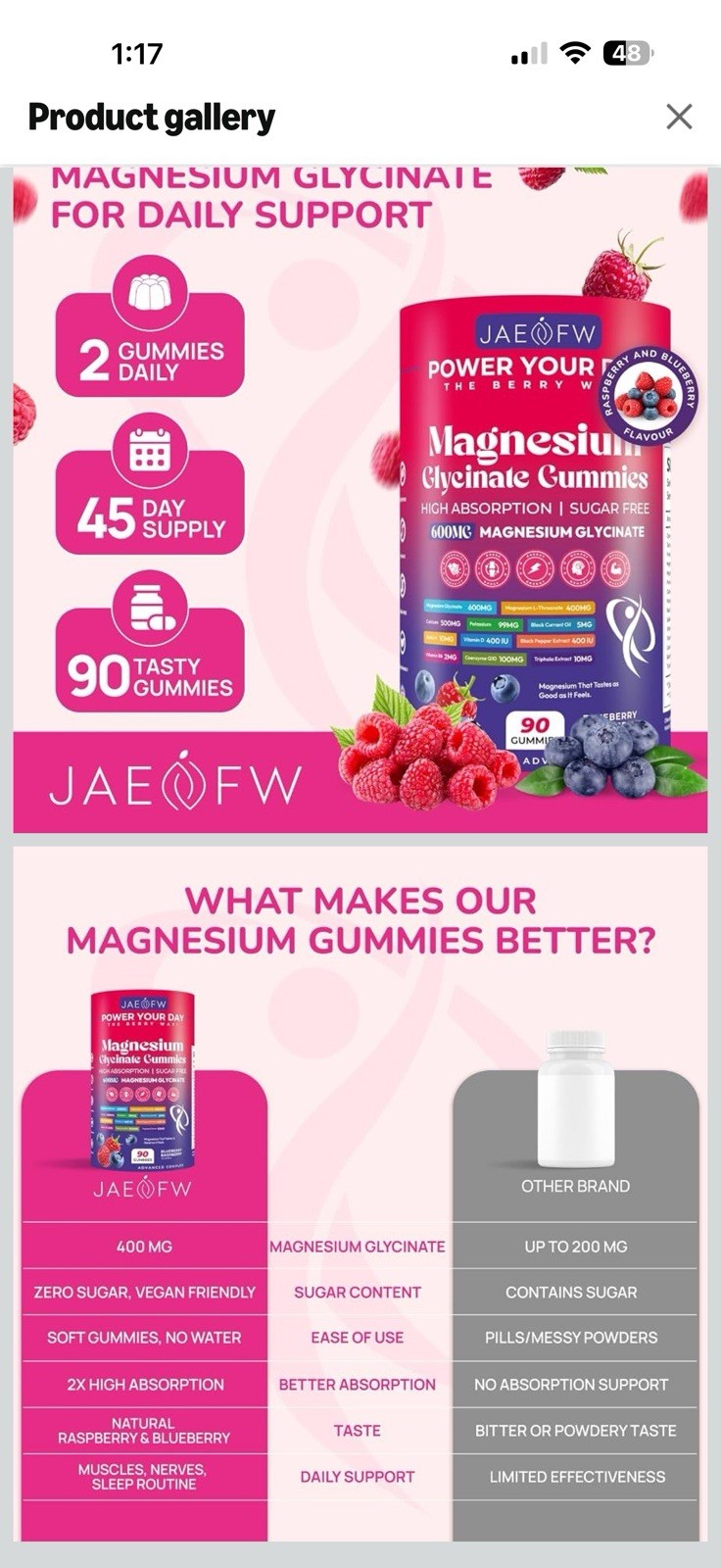 JAEFW Magnesium Glycinate Gummies 600mg Sugar-Free Vegan Blueberry Raspberry 90